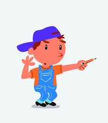 cartoon character of little boy on jeans doubts while pointing to the side with a pencil.