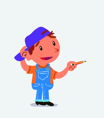  cartoon character of little boy on jeans doubts while pointing with a pencil.