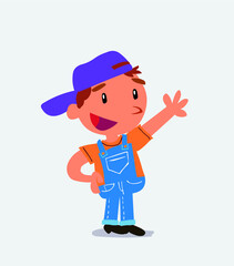 cartoon character of little boy on jeans explaining something while pointing