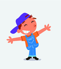 cartoon character of little boy on jeans opening arms very happy.