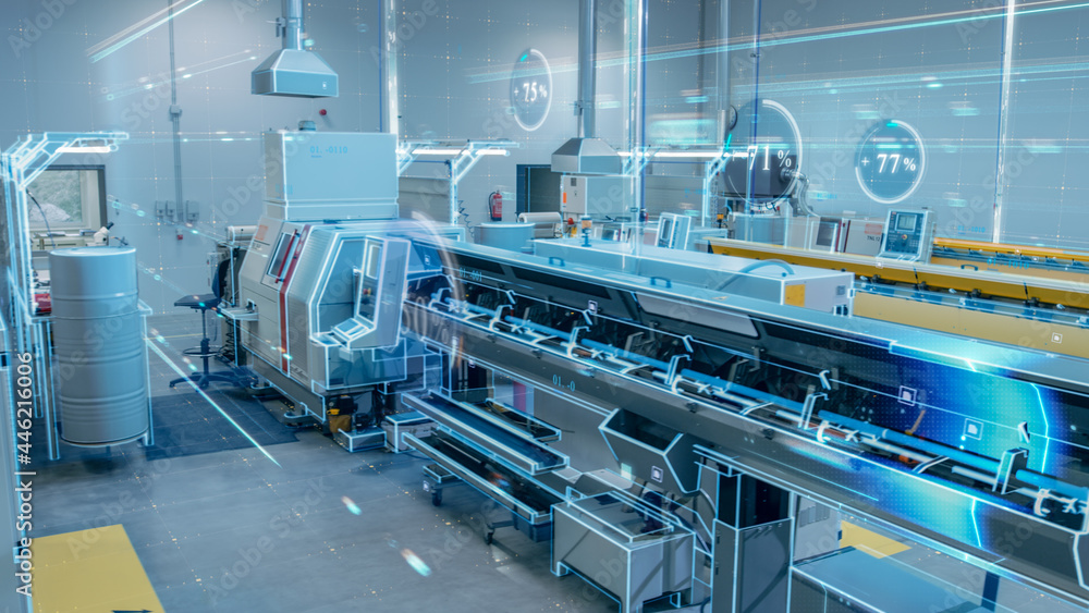 Aufkleber futuristic design: factory digitalization with information lines lying through the high-tech modern 