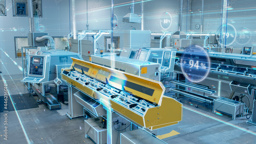 Poster futuristic design: factory digitalization with information lines lying through the high-tech modern 