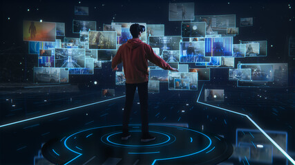 Internet Interface Concept: Person with Virtual Reality Headset Enters Cyberspace Internet...