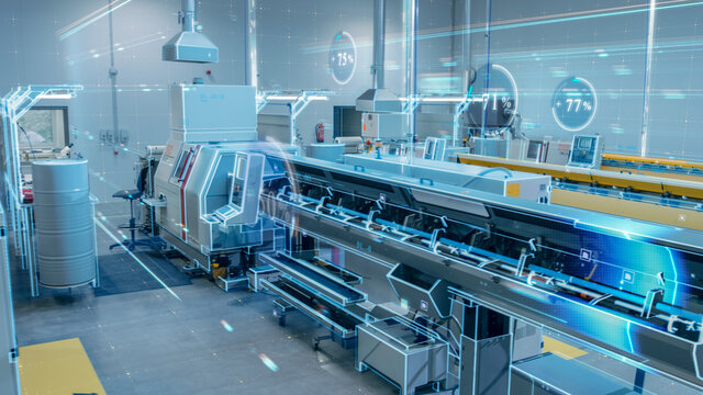Futuristic Design: Factory Digitalization with Information Lines Lying Through the High-Tech Modern Electronics Facility. CNC Automatic Machinery Manufacturing Products Using IoT Industry 4.0 