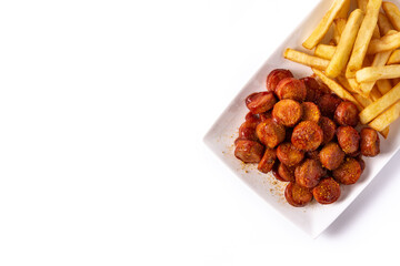 traditional German currywurst isolated on white background. typical oktoberfest food	