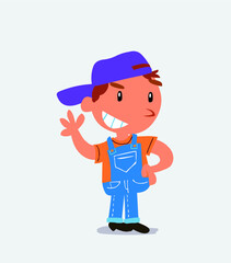 cartoon character of little boy on jeans waving while smiling
