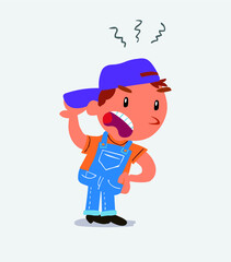  Indigned cartoon character of little boy on jeans vehemently shakes his hand