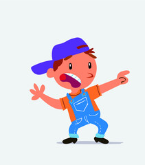 Scared cartoon character of little boy on jeans points to the side
