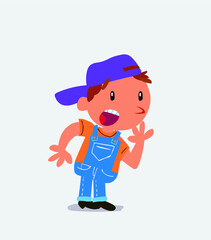 Unpleasantly surprised cartoon character of little boy on jeans looks to the side