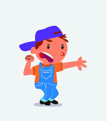 Very angry cartoon character of little boy on jeans pointing at something