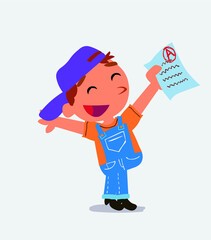 very happy cartoon character of little boy on jeans with a exam in hand.