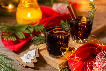 Christmas mulled wine on a rustic wooden table