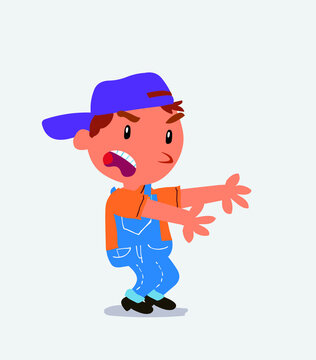 Very angry cartoon character of little boy on jeans pointing at something at side