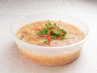 braised chinese fish maw thick shark's fin hot soup in party bento tray box for asian take away halal menu