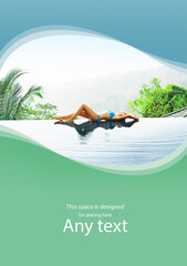 Young and attractive woman in swimsuit relaxing in a beautiful poolside. Girl having summer vacation in exotic country. Holidays and traveling concept with copy-space.