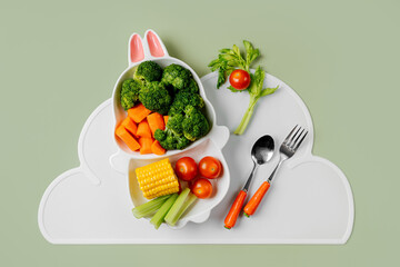 Cute plate in the shape of a bunny with  fresh vegetables. Food idea for kids. Children's healthy...