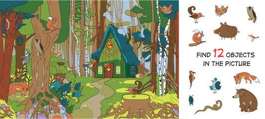 Forest glade near the forester's house. Find hidden animals. Puzzle. Vector illustration