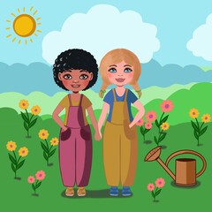 Portrait of little girls, dark-skinned and European, holding hands against a background of flowers and grass, games for children, children's friendship, rest in a summer camp, summer holidays.