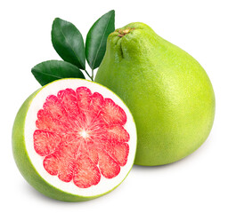 Fresh Red Pomelo citrus fruit with leaves on white background. 