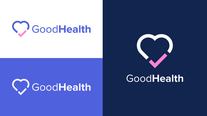 Good Health Logo Design Template. Vector Logo Concept for Health, Wellness and Fitness Company. Heart and Check Mark Logo Symbol Multipurpose Branding Template.