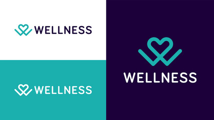 Wellness Logo Design Concept. Vector Logo Template for Health, Wellness or Fitness Company. W Letter with Love Heart Logo Symbol in Modern Colour Scheme - 446219038
