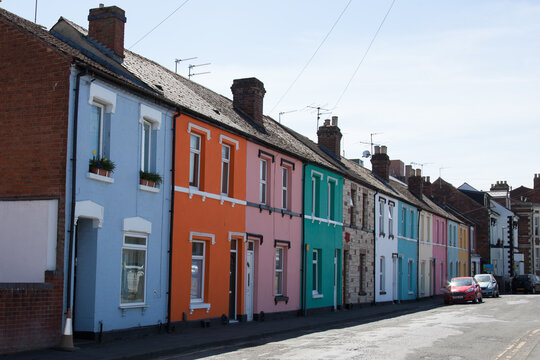 Rows of multi coloured housing in Gloucester in the United Kingdom
