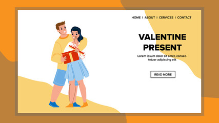 Valentine Present Husband Giving To Wife Vector. Boyfriend Give Romantic Valentine Present To Girlfriend. Happy Characters Couple Gift In Love Day Holiday Web Flat Cartoon Illustration
