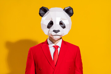 Photo of successful guy look camera wear panda paper head red suit tie isolated on yellow color background