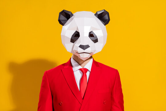 Photo of successful guy look camera wear panda paper head red suit tie isolated on yellow color background