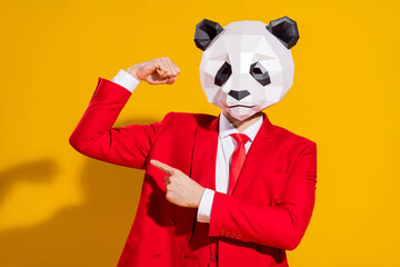 Photo of reliable strong guy direct finger bicep wear panda mask red tux isolated on yellow color background
