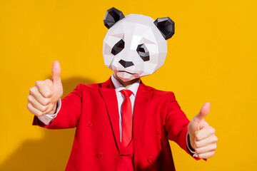 Photo of cosplay character guy raise two thumbs-up wear panda head red tux isolated on yellow color...