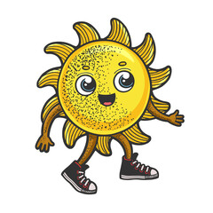 Cartoon sun walking sketch raster illustration