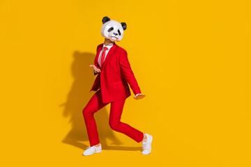 Photo of panda guy inspired affectionate dance moves wear mask red tux shoes isolated on yellow...