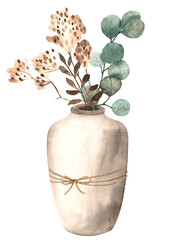 Watercolor autumn bouquet in vase with green leaves, dry palm leaves, eucalyptus, cotton, branches.