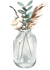 Watercolor autumn bouquet in vase with green leaves, dry palm leaves, eucalyptus, cotton, branches.
