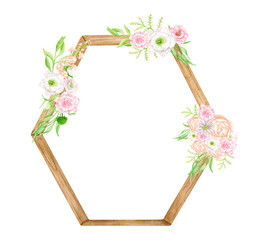 Watercolor wooden hexagon floral arch. Hand drawn wedding arch with flowers isolated on white. Geometric floral frame decoration, rustic natural design, eco decor illustration