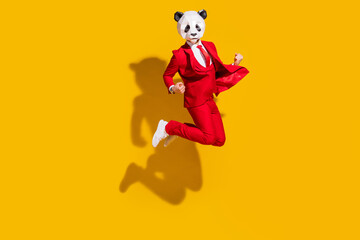 Photo of panda identity guy jump celebrate victory wear mask red tux shoes isolated on yellow color...