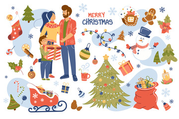 Merry Christmas concept isolated elements set. Collection of family celebrating holiday together, tree, gift bag, sleigh, snowman, festive decor and other. Vector illustration in flat cartoon design
