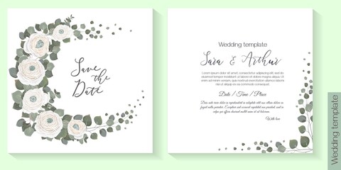 Vector floral frame for a postcard. White ranunculus, roses, eucalyptus, green plants and leaves.