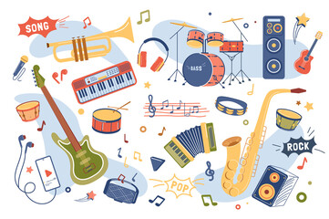 Music instruments concept isolated elements set. Collection of song creation, guitars, drums, saxophone, keyboards, trumpet, headphones, accordion and other. Vector illustration in flat cartoon design