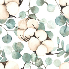 Watercolor autumn seamless pattern with cotton flowers and leaves of eucalyptus