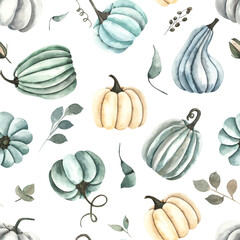 Watercolor autumn seamless pattern with colored pumpkins, leaves, branches, berries, cozy autumn elements. - 446221250