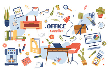 Office supplies concept isolated elements set. Collection of desk, computer or laptop, printer, coffee machine, cooler, documents in folders and other. Vector illustration in flat cartoon design