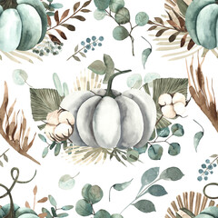 Watercolor autumn seamless pattern with colored pumpkins, leaves, branches, berries, cozy autumn elements. - 446221282