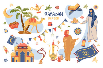 Ramadan Kareem concept isolated elements set. Collection of muslims celebrate holiday, mosque, Quran, lantern, crescent and stars, camel, food and other. Vector illustration in flat cartoon design