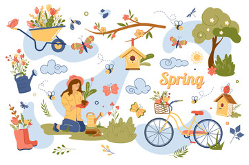 Spring concept isolated elements set. Collection of woman planting plants in garden, bicycle with basket, tree, cart with flowers, bird house and other. Vector illustration in flat cartoon design