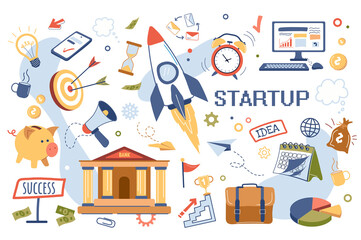 Startup concept isolated elements set. Collection of launching a new project, business analytics, bank loan, investments, targeting, strategy and other. Vector illustration in flat cartoon design