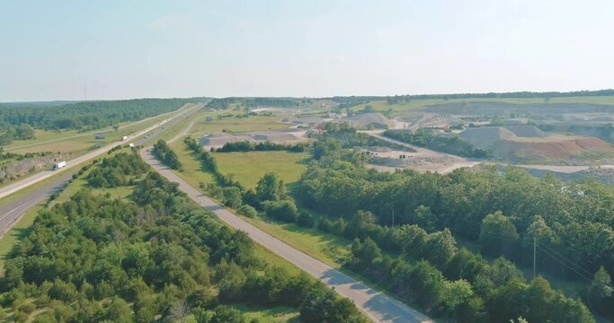 Panorama view open pit mine, breed sorting mining extractive industry on quarry stones scattering