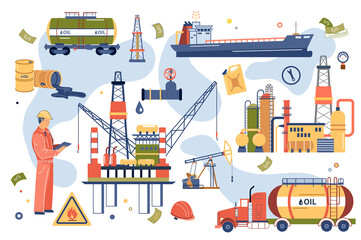 Oil industry concept isolated elements set. Collection of male worker, extraction and storage of petroleum products, transportation by tanker ship and other. Vector illustration in flat cartoon design