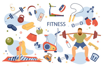 Fitness concept isolated elements set. Collection of man lifting barbell, woman doing yoga, gym equipment, sports uniform, healthy lifestyle and other. Vector illustration in flat cartoon design